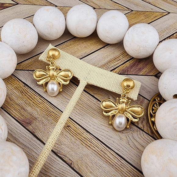 Gold and Pearl Bee Earrings Earrings Canvas
