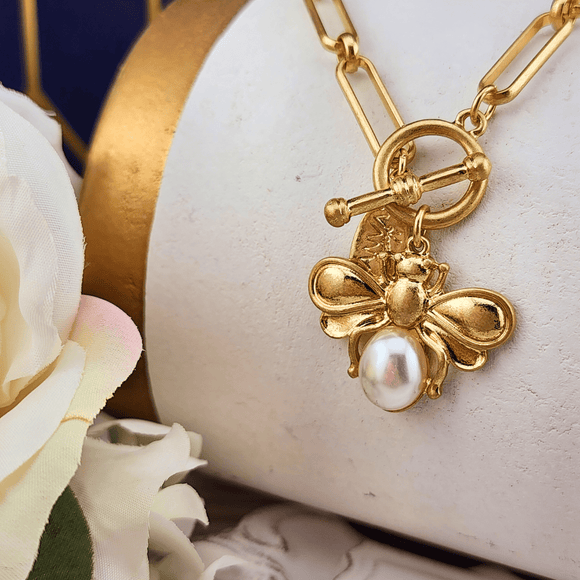 Gold and Pearl Bee Necklace Necklaces Canvas