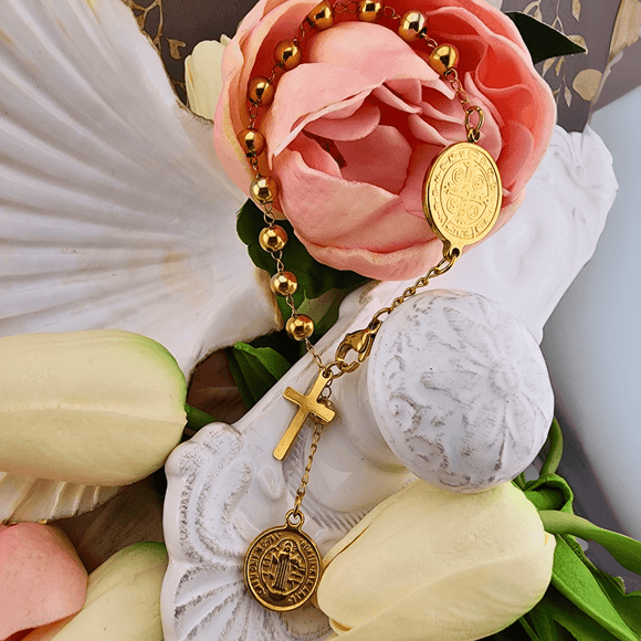 Gold Beaded St. Benedict Bracelet Bracelets Sara Trade LLC