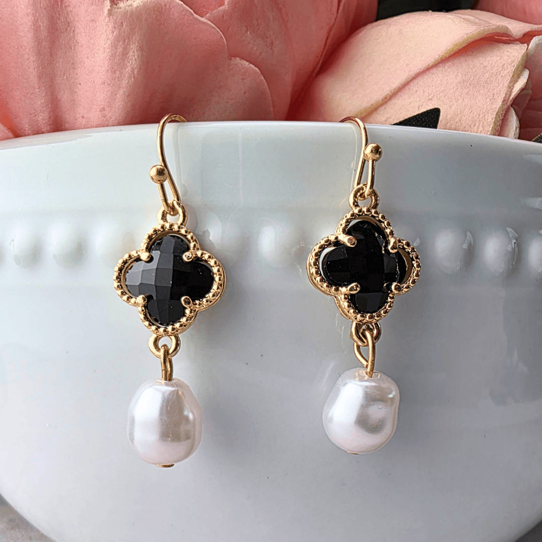 Gold Dipped Cross and Pearl Earrings Black Earings SM Style