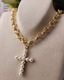 Gold Link Necklace With Pearl Cross Chunky Necklace and Cross Cypress Springs Gift Shop