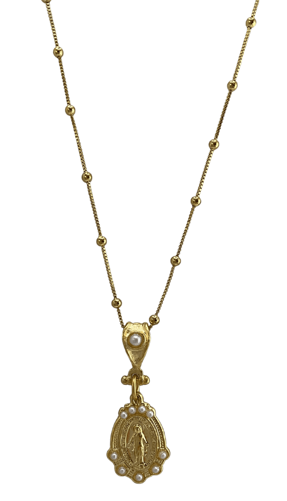 Gold Necklace with Miraculous Medal and Pearls Necklace Weisinger Designs