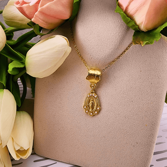 Gold Necklace with Virgin Mary Medal and Pearls Necklace Weisinger Designs