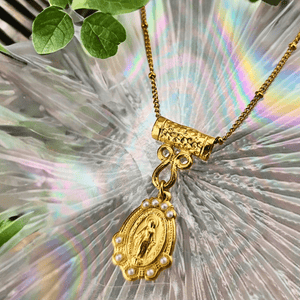 Gold Necklace with Virgin Mary Medal and Pearls Necklace Weisinger Designs