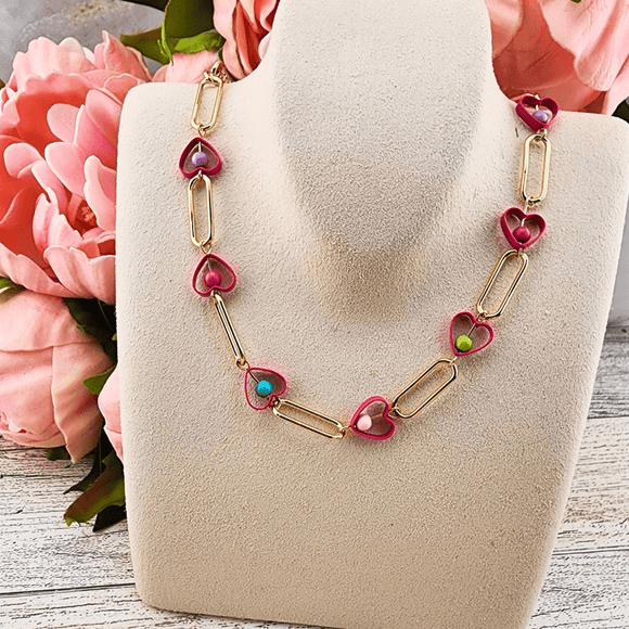 Gold Paperclip Link Necklace With Hot Pink Hearts Necklace Jane Marie LLC