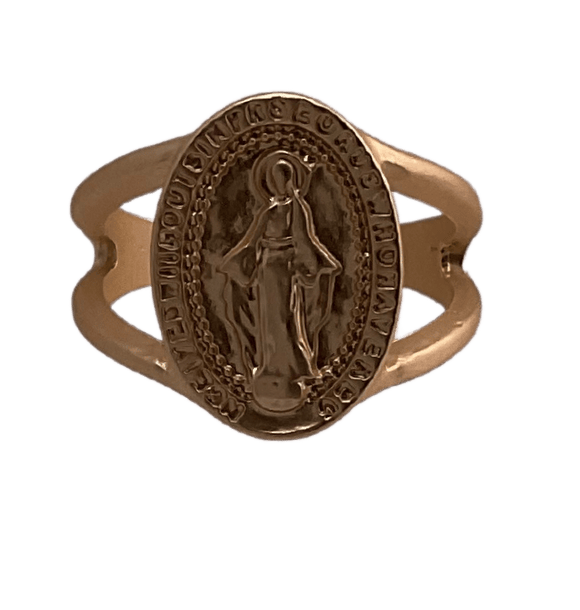 Gold Ring With Cross, Mary or St. Benedict Oval Mary - Size 7 Rings Jane Marie LLC