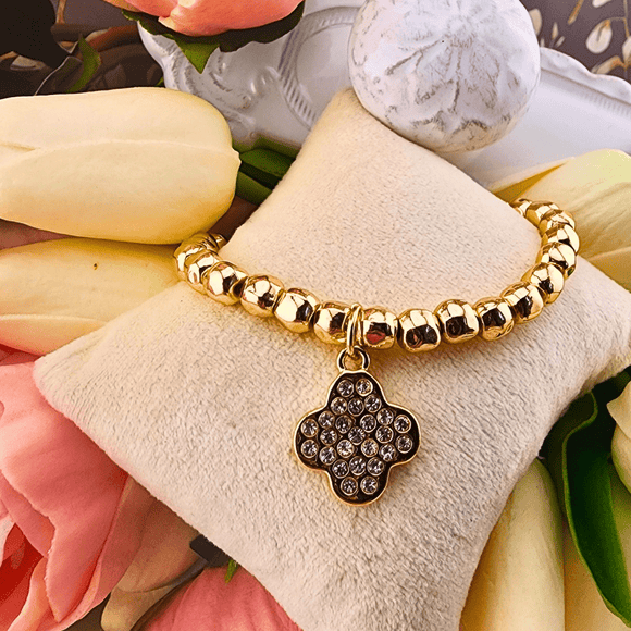 Gold Stretch Bracelet With Crystal Clover Cross Bracelet American Unique Group, Inc.