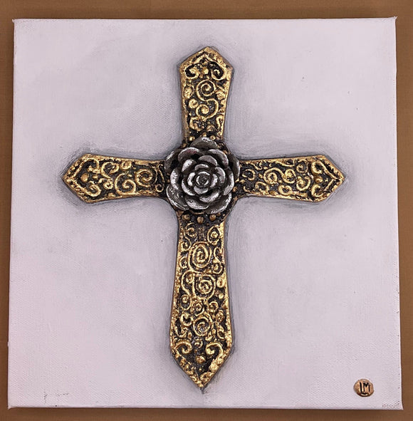 Gold Texttured Cross With Rose Center Artwork LeLe Mudd