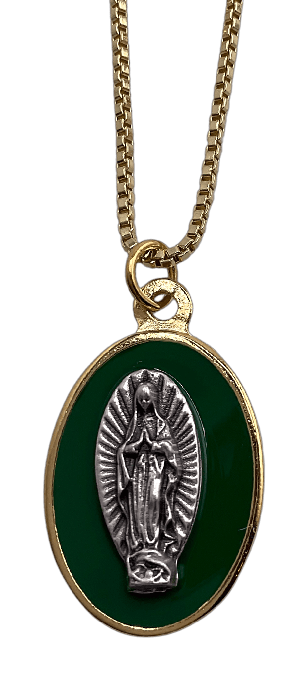 Green Enamel Our Lady of Guadalupe Necklace Smooth Chain Necklace Cypress Springs Gift Shop