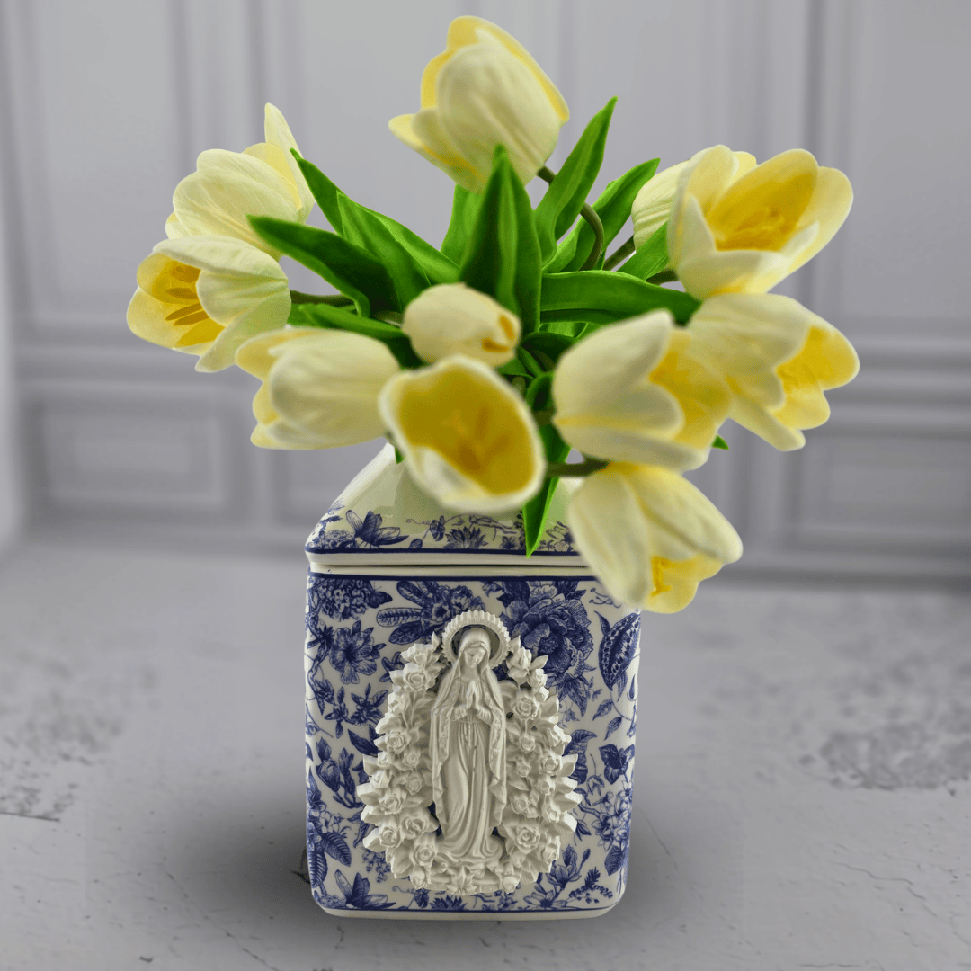 A square blue-and-white ceramic vase featuring a white relief of the Virgin Mary, tissue holder, Sister Dulce Gift Shop, Shepherds Staff, Religious Store, Cypress Springs Mercedarian Prayer Center, Catholic, new item 