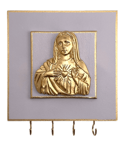 Immaculate Heart of Mary Rosary Hanger Cream and Gold Rosary Art by Dene