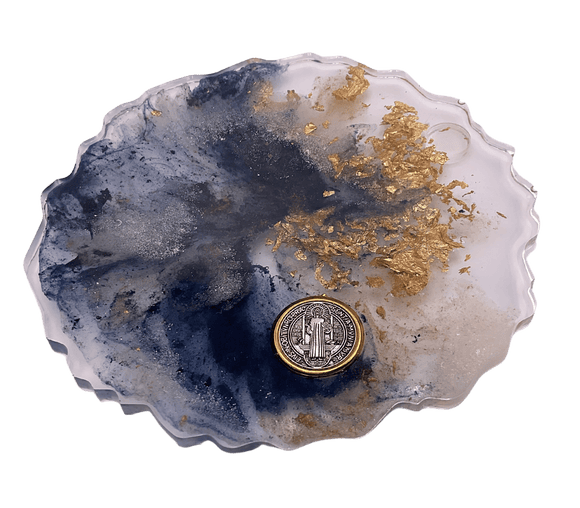 Individual Resin Coasters | Large Coaster Blue amd Gold With St. Benedict Medal Home Sacred Treasures