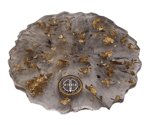 Individual Resin Coasters | Large Coaster Blue amd Gold With St. Benedict Medal Home Sacred Treasures