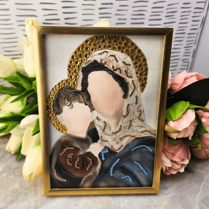 Jeweled Hand Painted Artwork - Mary holding Baby Jesus Artwork Sacred Treasures