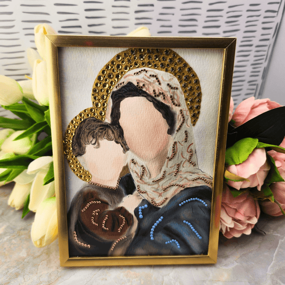 Jeweled Hand Painted Artwork - Mary holding Baby Jesus Artwork Sacred Treasures