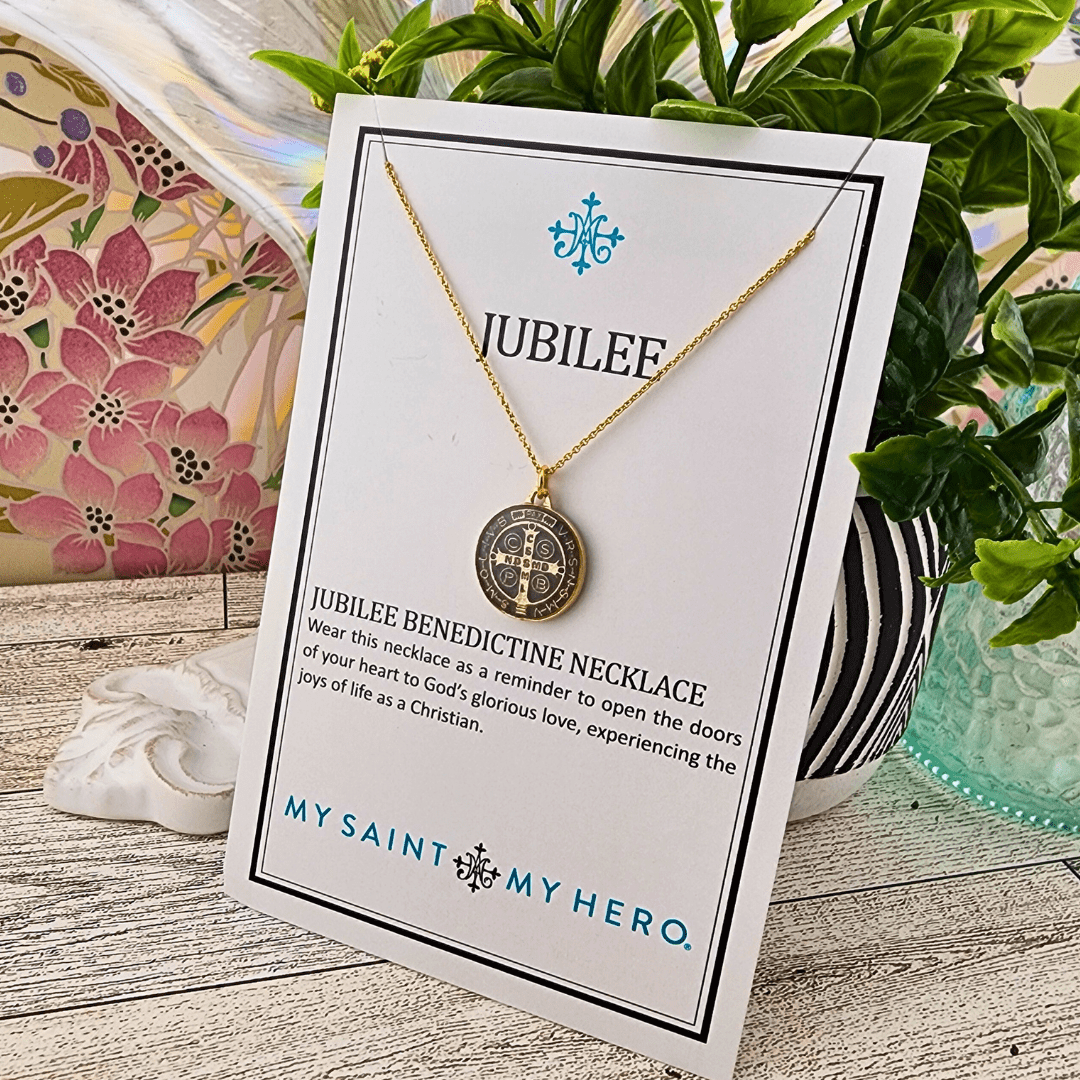 Jubilee Medal of St. Benedict Necklace Gold/Grey Religious My Saint My Hero