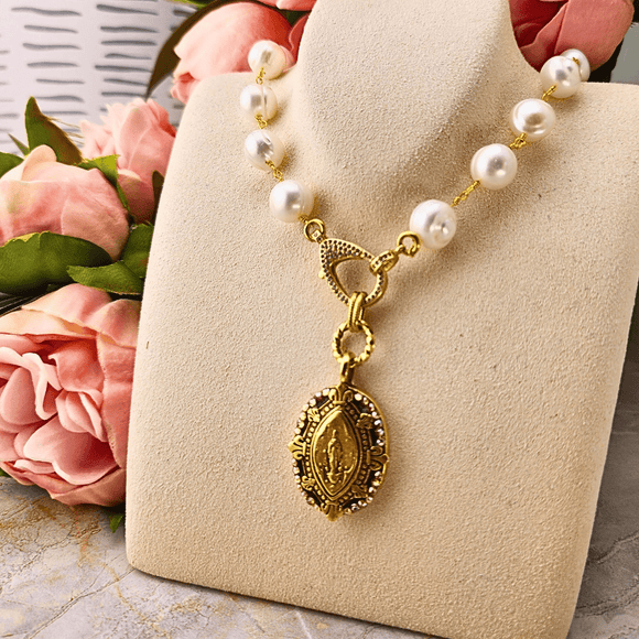 Large Pearl Mustard Seed Necklace With Oval Mary Medal Jewelry Mustard Seed Jewelry