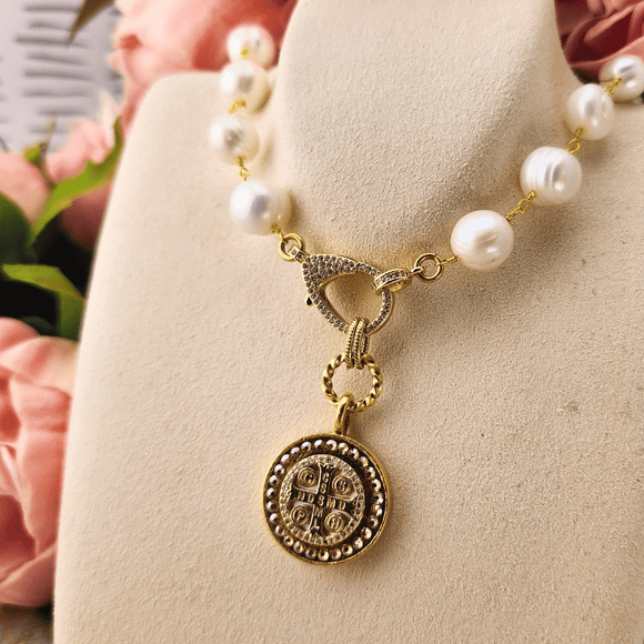 Large Pearl Mustard Seed Necklace With St. Benedict Medal Jewelry Mustard Seed Jewelry