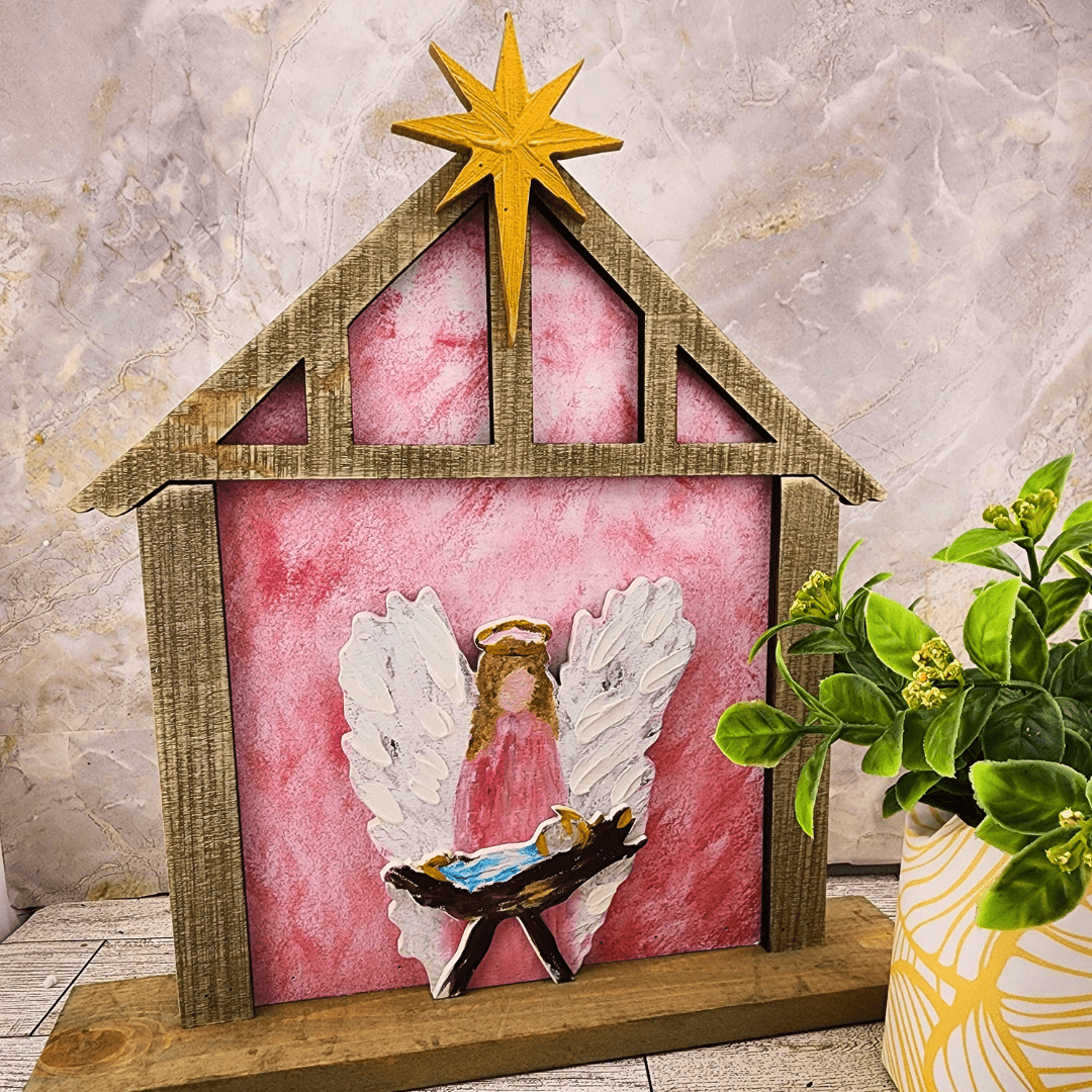 Layered Wood Angel at Manger Decor Trade Cie
