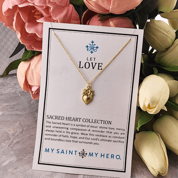 Let Love Sacred Heart with Flowers Necklace Jewelry My Saint My Hero