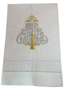 Merry Christmas Tea Towel With Cross White With Silver and Gold Christmas Decor DZ Linens