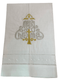Merry Christmas Tea Towel With Cross White With Silver and Gold Christmas Decor DZ Linens