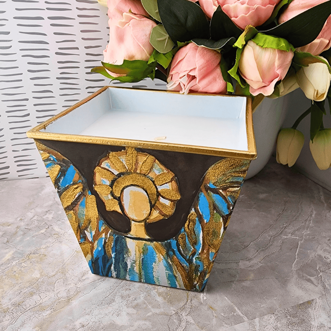 Mini Candle And Container Angel of Glory Candles, planter, plants, candle, catholic, gifts, sister dulce, gift shop, shepherds staff