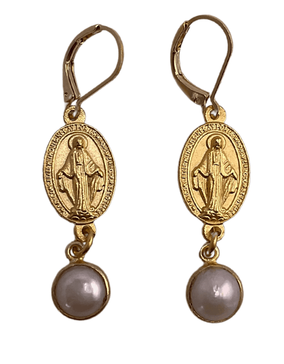 Miraculous Medal Earrings with Dangling Pearl Earrings Weisinger Designs