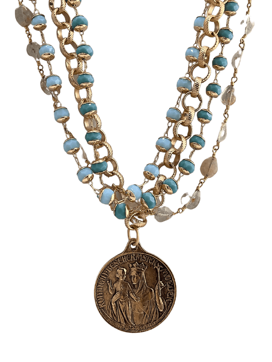 MultiStrand Gold and Stone Necklace With Medals Cypress Springs Gift Shop