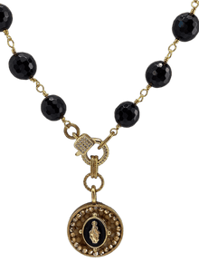 Mustard Seed Large Black Beads with Mary Charm Necklace 18" With Round Black Enamel Mary Necklaces Mustard Seed Jewelry