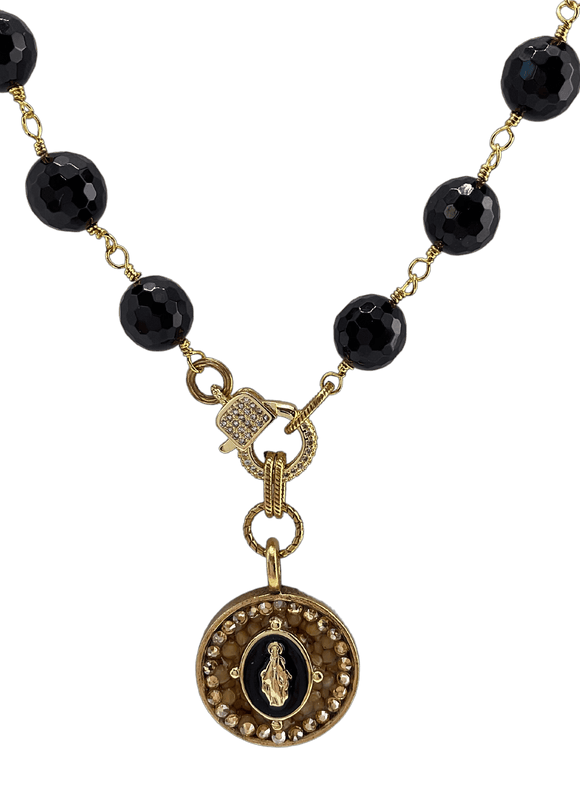 Mustard Seed Large Black Beads with Mary Charm Necklace 18