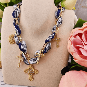 Navy Multi Cross Charm Scarf Chain Necklace Necklace Golden Stella