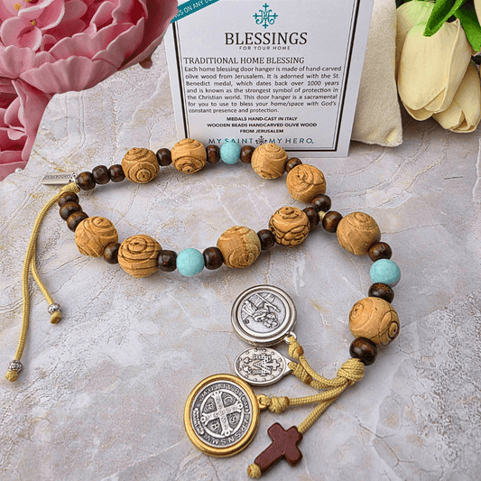 Olive Wood St. Benedict Traditional Home Blessing Door Hanger - Amazonite Door Hangers My Saint My Hero