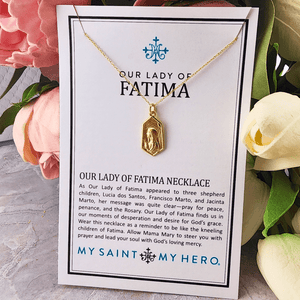 Our Lady of Fatima Gold tone Necklace Jewelry My Saint My Hero