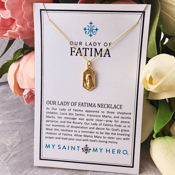 Our Lady of Fatima Gold tone Necklace Jewelry My Saint My Hero