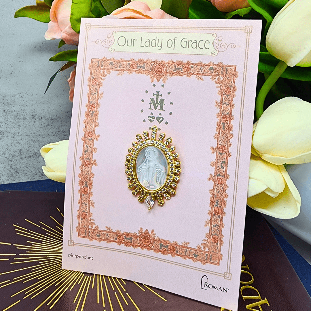 Our Lady of Grace Pendant/Pin Gold Oval Surrounded By Crystals Necklace Roman Gifts