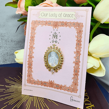 Our Lady of Grace Pendant/Pin Gold Oval Surrounded By Crystals Necklace Roman Gifts