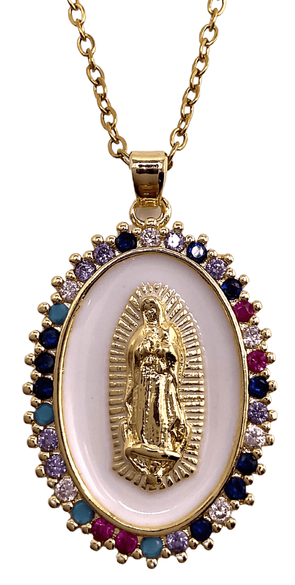 Our Lady of Guadalupe Medal Surrounded by Multi-Color Stones on Gold Chain Necklace Temu
