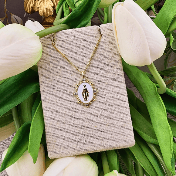 Our Lady of Lourdes Pendant in White Necklace Joy Dravecky