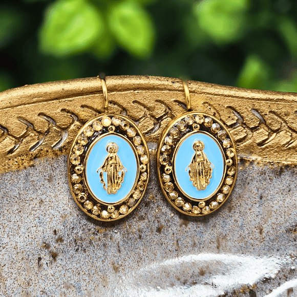 Oval Mary Mustard Seed Earrings Light Blue Earrings Mustard Seed Jewelry