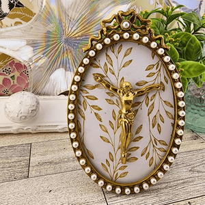 Oval Pearl and Gold Frame With Handmade Reliefs Corpus of Christ Artwork Raz Imports