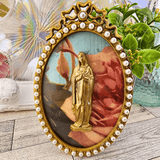 Oval Pearl and Gold Frame With Handmade Reliefs Virgin Mary on Pink and Green Background Artwork Raz Imports