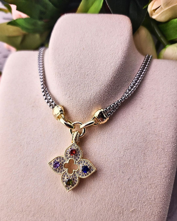 Pave Clover Cross Necklace With Multi-Color Stones Necklace Golden Stella