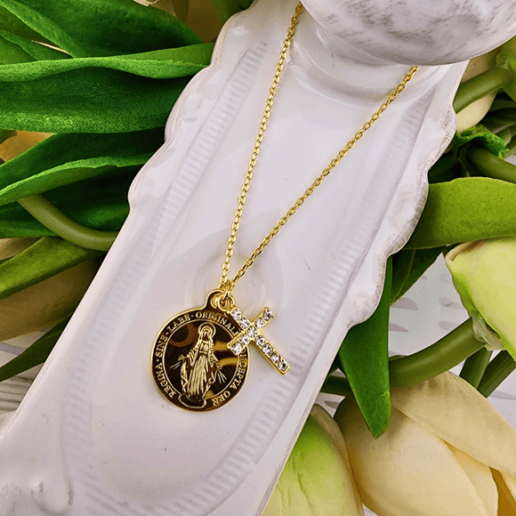 Pave Cross and Our Lady of Grace Necklace Necklace Golden Stella