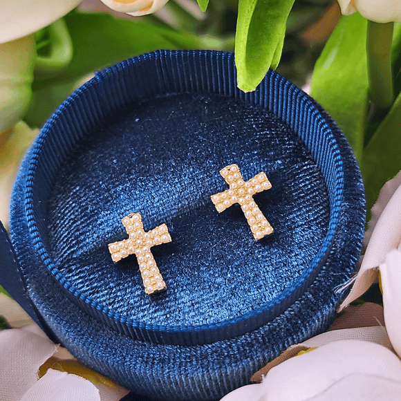 Pave Pearl Cross Stud Earrings Earrings Golden Stella