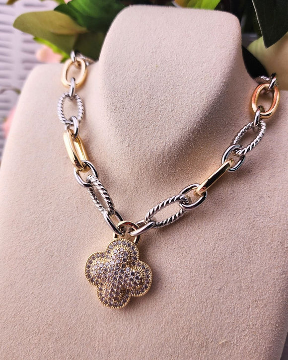 Pave Two-Tone Clover Cross Chain Necklace Necklace Golden Stella