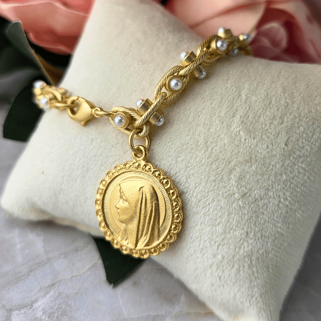 Pearl and Gold Bracelet with Profile of Mary Medal Bracelet Parker Madison