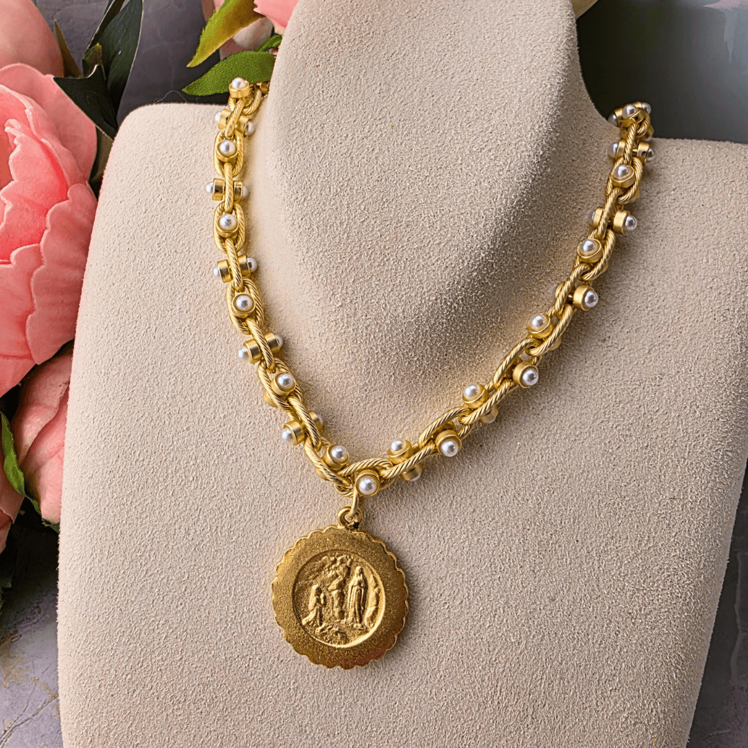 Pearl and Gold Necklace with Profile of Mary Medal Necklace Parker Madison