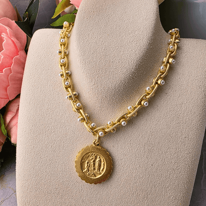 Pearl and Gold Necklace with Profile of Mary Medal Necklace Parker Madison