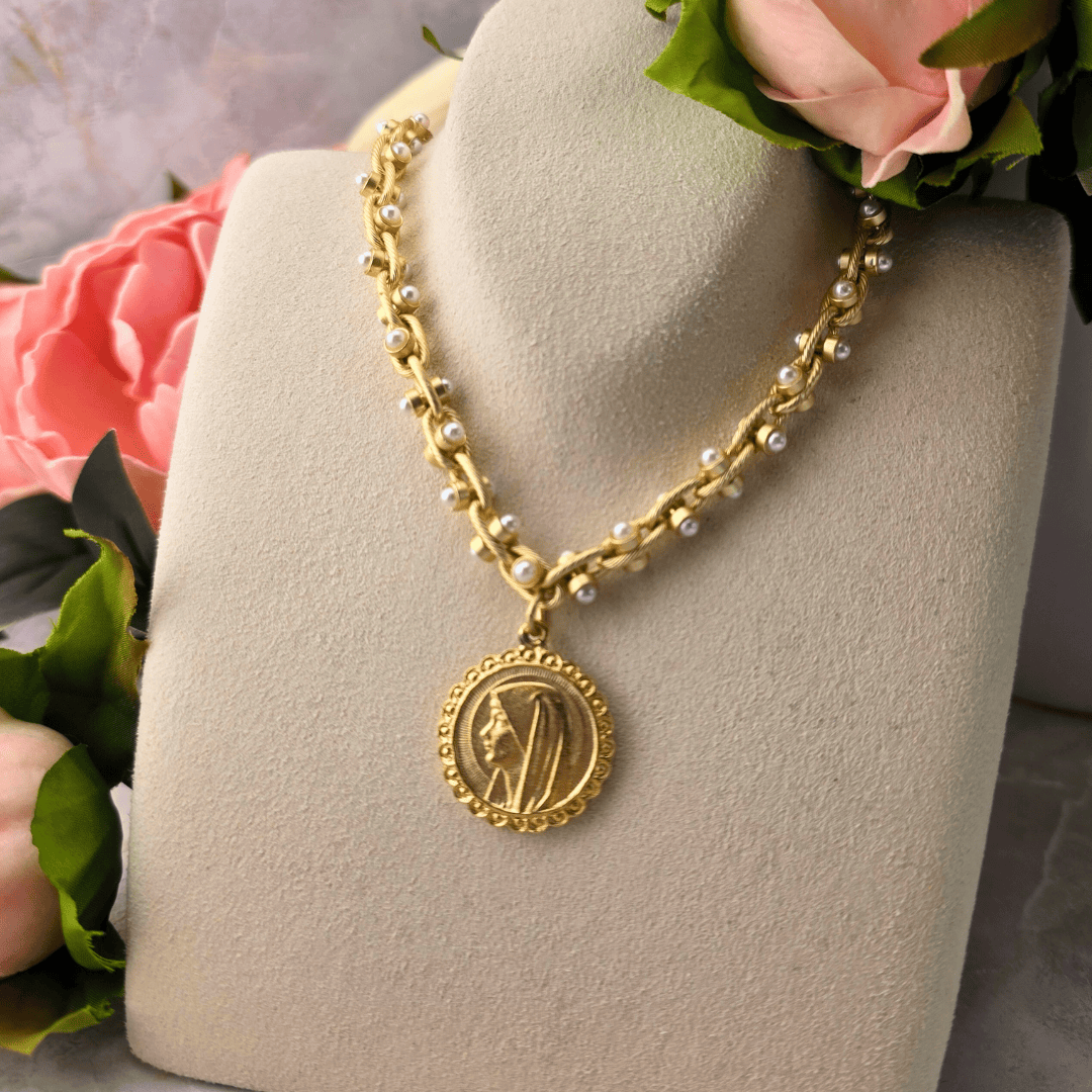 Pearl and Gold Necklace with Profile of Mary Medal Necklace Parker Madison